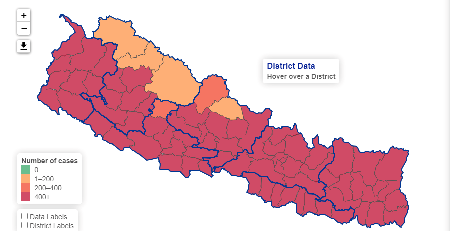 ७७ जिल्लामै फैलियो कोरोना संक्रमण, काठमाडौं उपत्यका 'हटस्पट'